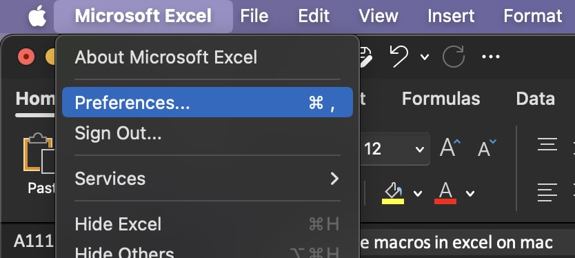 Microsoft Excel - Preferences option Mac